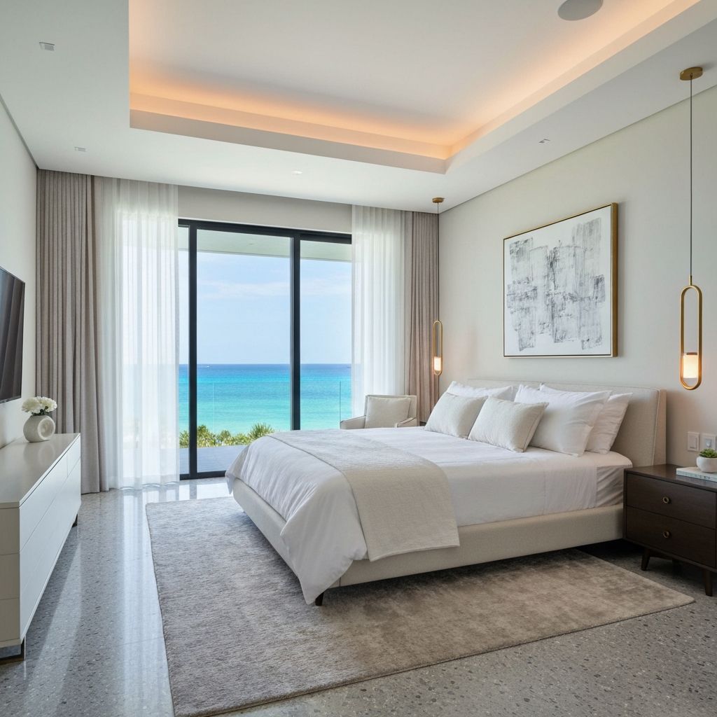 Luxury bedroom designed by Casa Novay featuring elegant nightstand styling with lamp, flowers, and designer bedding